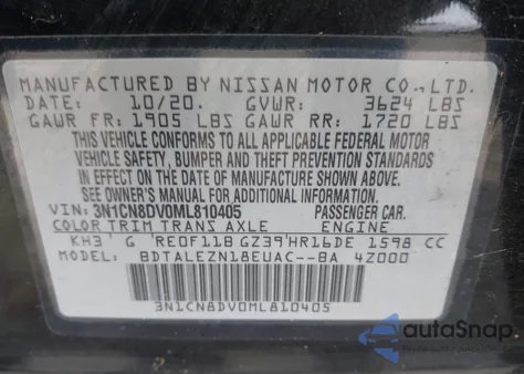 2021 Nissan Versa S Xtronic Cvt z USA, uszkodzony, nr VIN 3N1CN8DV0ML810405